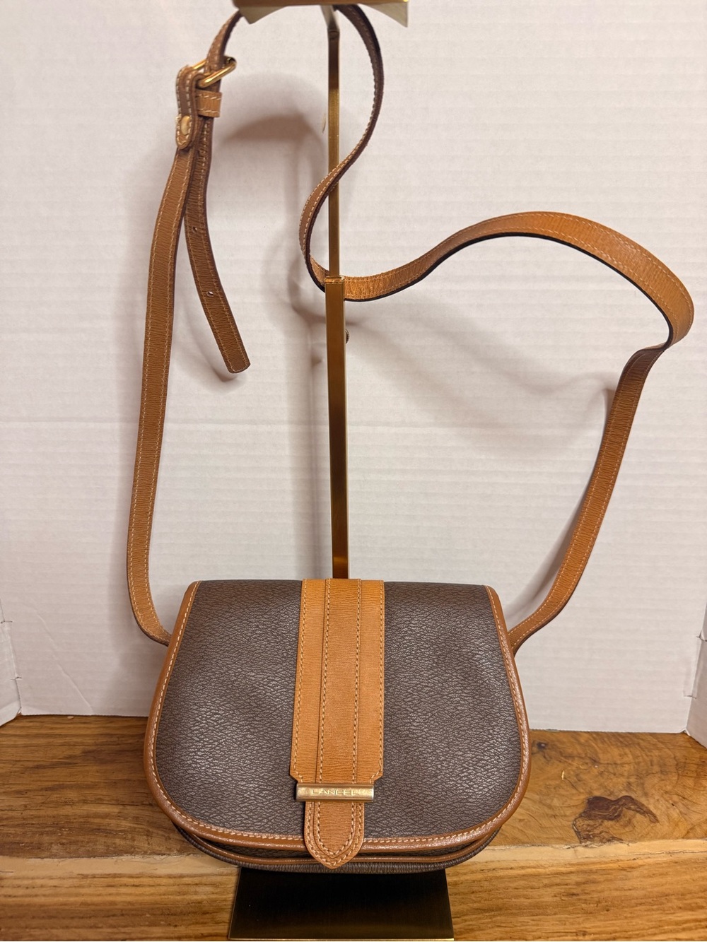 Vintage Lancel Paris Made in France Crossbody Saddle Bag Brown Tan Leather Trim